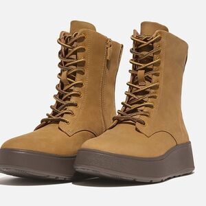 FitFlop F-Mode Nubuck Lace-Up Flatform Ankle Boots- Perfect Tan